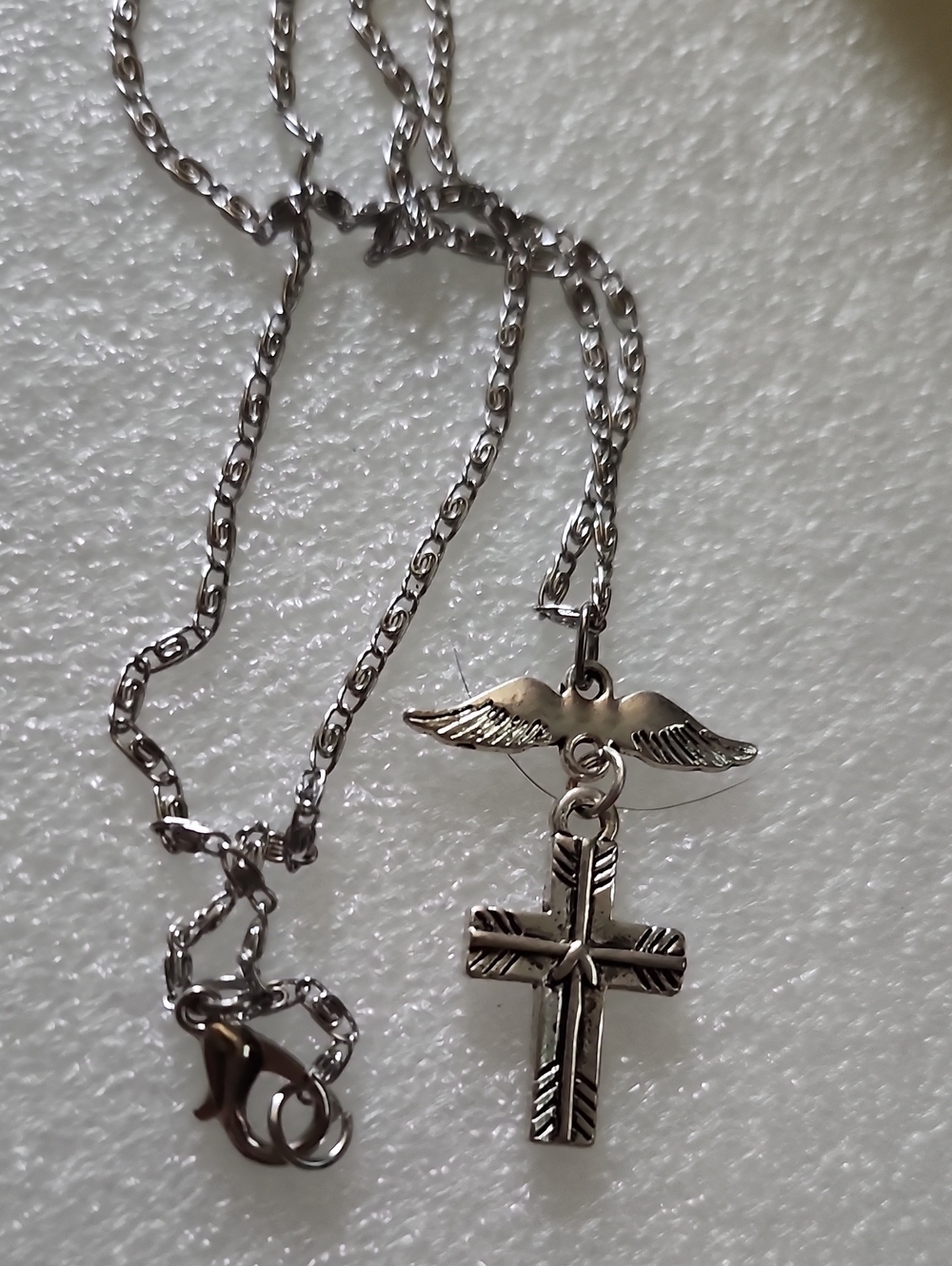 Hand Crafted Silver-Tone Cross and Wings Necklace
